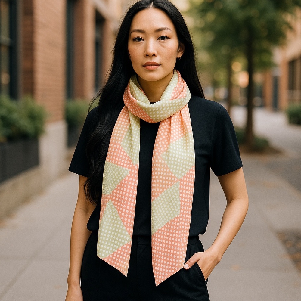 VINTAGE SCARF 70s X-Long Silk ObiSash Belt Geometric Polka dot coral green white